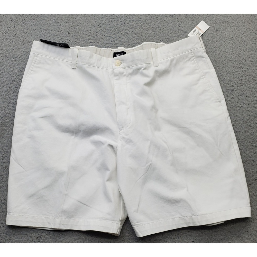 IZOD Authentic Chino Shorts Mens 42 White Regular Fit Flat Front Slash Pocket